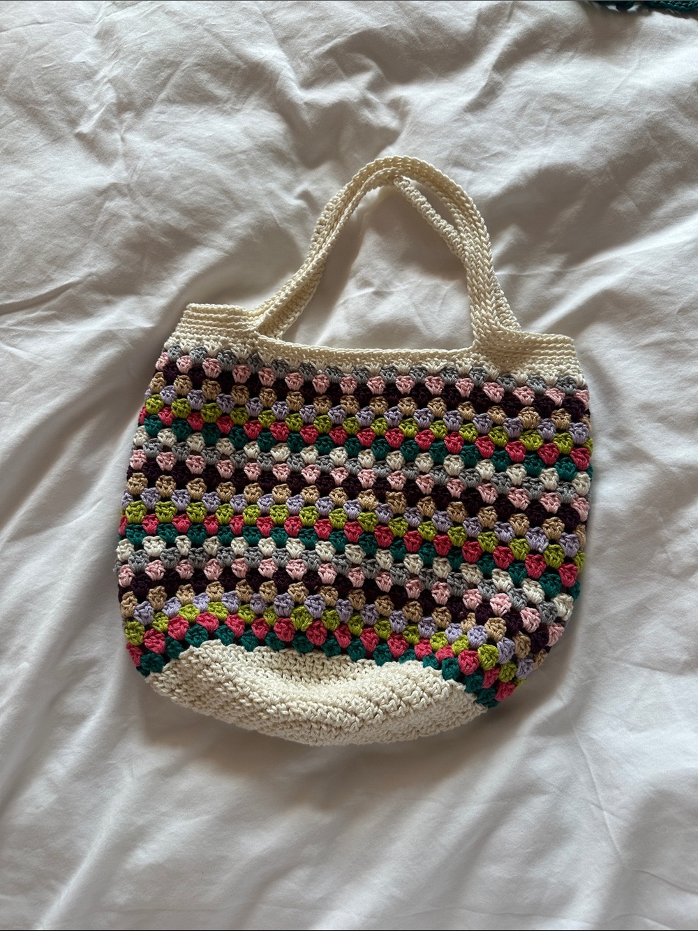 Hand Crafted Cream Crochet Tote with Multicolor Stitching